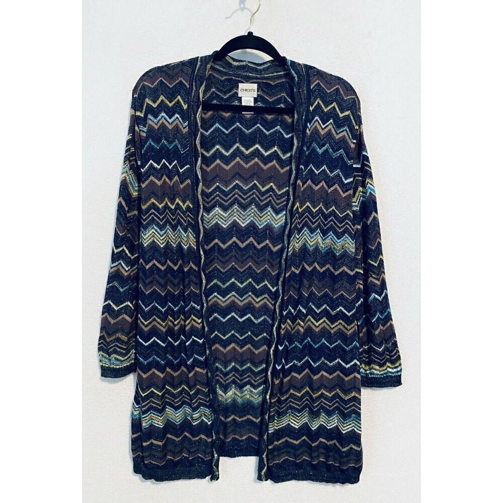 Chicos Cardigan Sweater Womens XL Metallic Zig Zag Open Front Longline Boho